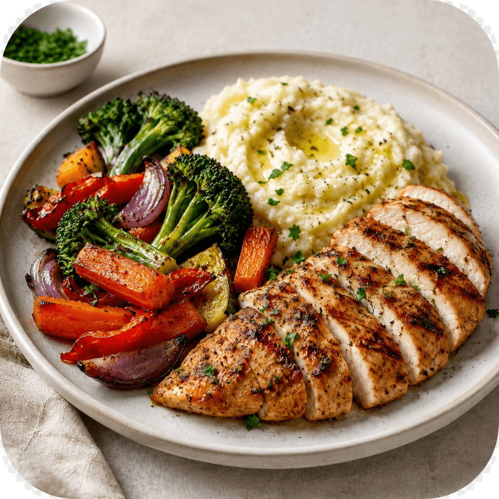 Grilled chicken with vegetables and mashed potatoes.
