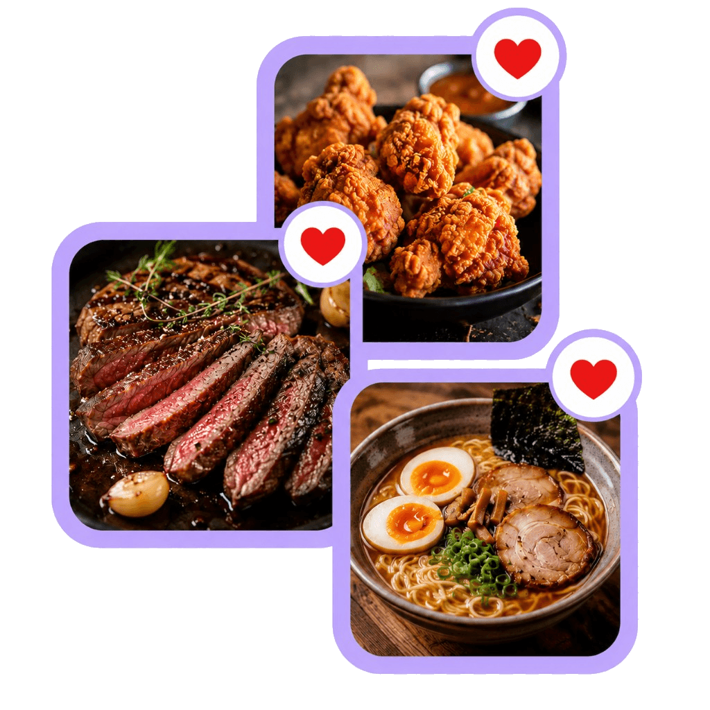 Example dishes with picks: fried chicken, steak, and ramen.